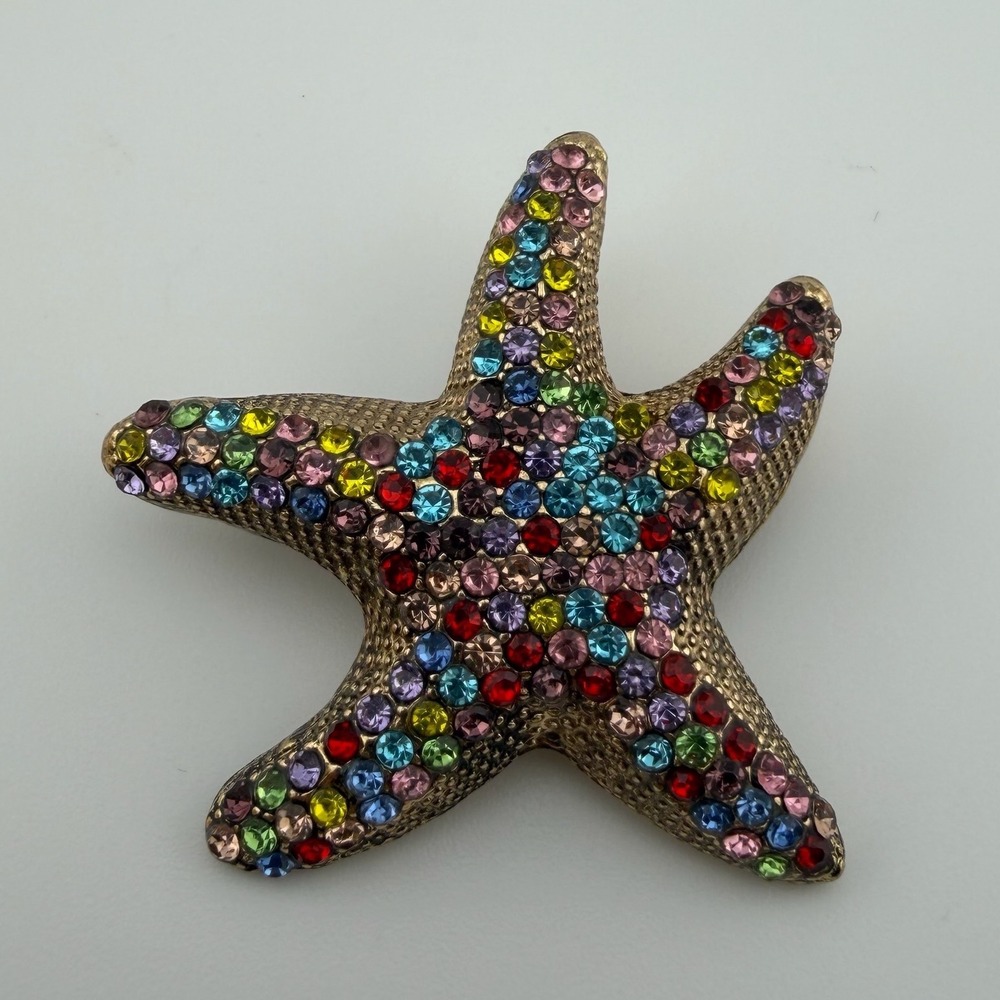 Small Multi-Color Starfish Rhinestone Gold Tone Brooch Pin
